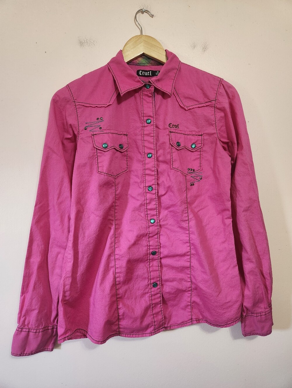 Cruel Girl Pink Western Snap Shirt Turquoise Stone Studded Y2K Medium